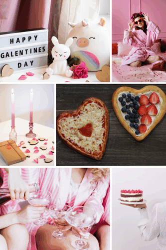 A collage celebrating Galentine's Day featuring a lightbox with the text 'HAPPY GALENTINES DAY', a cute stuffed unicorn, a person in a pink robe with a headband, heart-shaped food items including a pizza and a dessert with berries, and two glasses of cocktails.