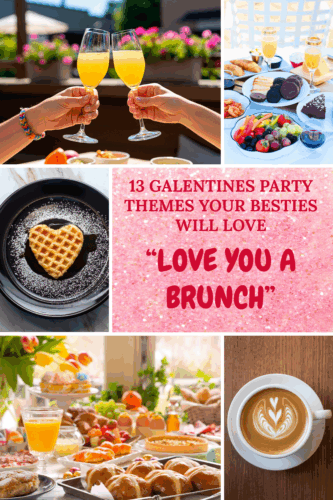 A collage featuring various brunch items and drinks for a Galentine's party theme called 'Love You a Brunch', showcasing waffles, mimosas, and a beautifully arranged table with breakfast foods.