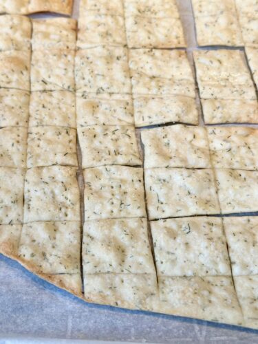 Homemade dill crackers arranged in a grid on a baking sheet.
