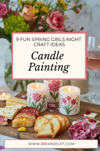 A beautifully arranged spring-themed table featuring painted candles, snacks, and fresh flowers, creating a cozy and inviting atmosphere for a girls' night craft session focused on candle painting.
