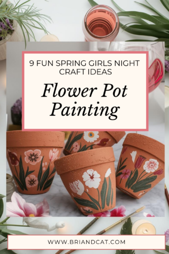 An arrangement of painted terracotta flower pots featuring colorful floral designs, accompanied by decorative flowers and a glass of pink beverage, representing spring craft ideas.