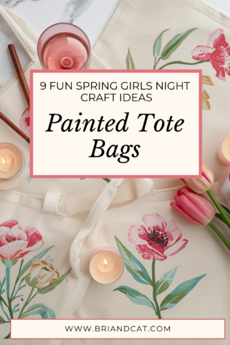 A flat lay featuring painted tote bags adorned with floral designs, surrounded by candles and pink tulips, capturing the essence of a spring craft night.