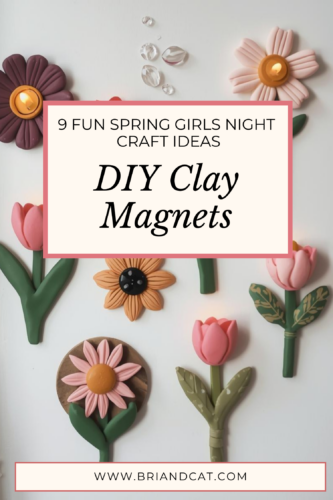 A flat lay display of colorful DIY clay magnets shaped like flowers, leaves, and other designs, arranged on a neutral surface, with the title "DIY Clay Magnets" overlaying the image.