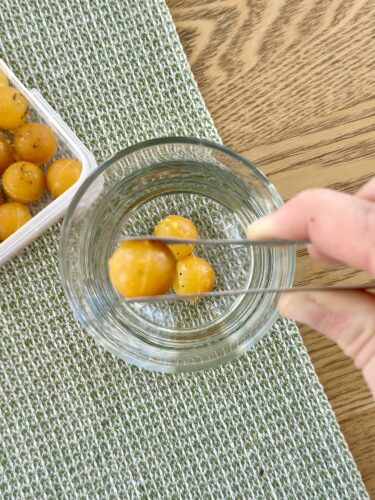 A person using tongs to pick up a frozen immunity cube from a glass of water, with additional cubes visible in a container nearby, set against a textured green placemat and wooden surface.