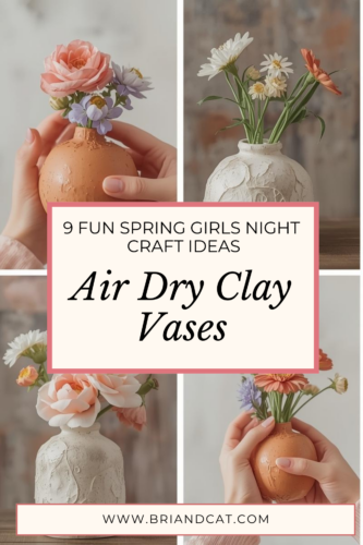 A collage featuring two air-dry clay vases, one holding pink flowers and the other white and yellow flowers. The vases have various textures and colors, set against a neutral background.