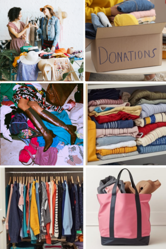 Two women conversing and holding clothing items, surrounded by a colorful assortment of clothes.