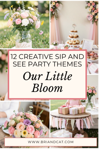 A collage of decorated party setups featuring floral arrangements, a dessert table with cupcakes, and signage, highlighting creative sip and see party themes.