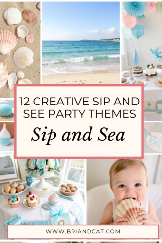 A collage of images showcasing a 'Sip and Sea' party theme, featuring beach decorations, seashells, sweets, and a smiling child holding a seashell.