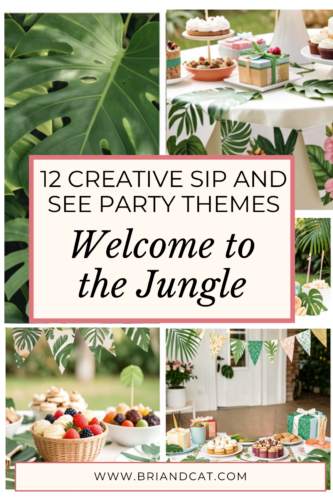 Collage of images showcasing a tropical-themed party setup with decorations, desserts, and greenery, featuring the text '12 Creative Sip and See Party Themes' and 'Welcome to the Jungle'.