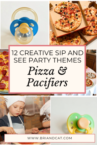 Collage of pizza and pacifiers, featuring pizza boxes, pacifier, children making pizza, and a playful theme title.