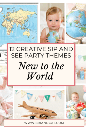 Collage of images representing baby milestones and party themes, featuring a world map, a baby holding a globe, colorful decorations, an airplane toy, and a festive celebration.