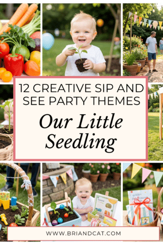 A collage featuring various 'Sip and See' party themes including a smiling child holding a small plant, colorful vegetables, and festive decorations.