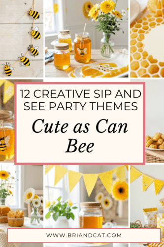 A collage of decorations and refreshments for a 'Cute as Can Bee' themed party, featuring honey, yellow accents, sunflowers, bee motifs, and festive table settings.