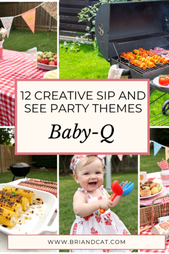 A collage of images showcasing a Baby-Q themed picnic party setup, featuring a grill with skewers, a smiling baby in a floral headband, picnic tables with red checkered tablecloths, and various food items including corn on the cob and desserts.