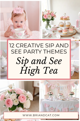 Collage of a 'Sip and See' high tea party theme featuring a baby, cupcakes, floral arrangements, and tea set decorations.