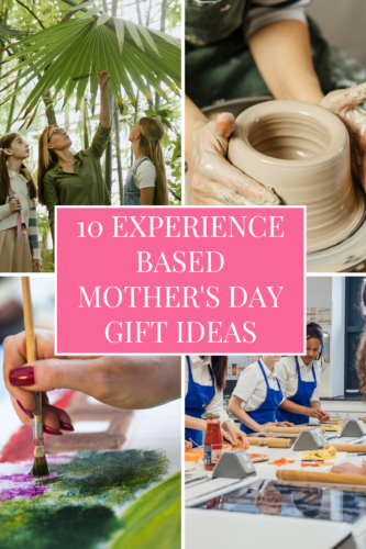 A collage of images illustrating experience-based gift ideas for Mother's Day, featuring a group of women in a garden, pottery-making, painting, and a cooking class.