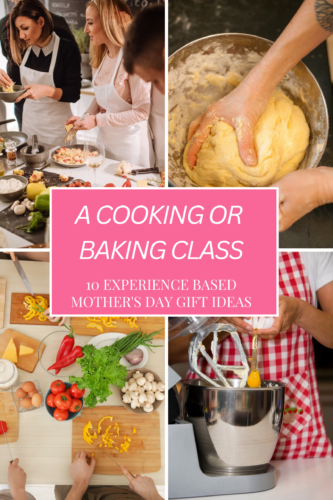 A collage showcasing a cooking and baking class, featuring people preparing food, kneading dough, and using kitchen appliances, with a central title box highlighting Mother's Day gift ideas.
