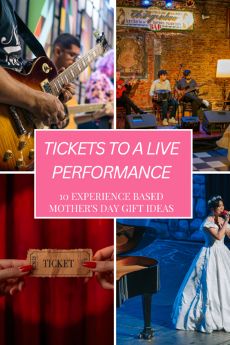 Collage of live music performances featuring musicians playing instruments, a ticket being held, and a woman singing on stage, with text overlay promoting Mother's Day gift ideas.