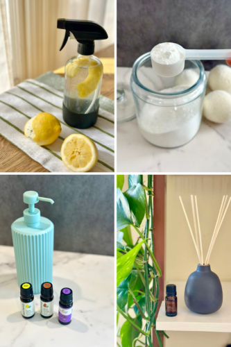 A glass spray bottle filled with a clear liquid and lemon halves on a striped cloth.