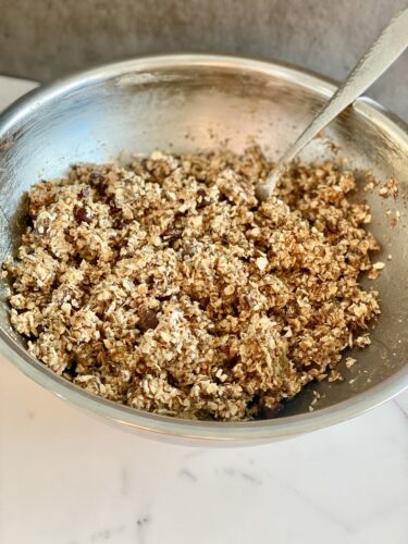 A stainless steel bowl filled with a mixture of oats and other ingredients, stirred with a metal spoon.