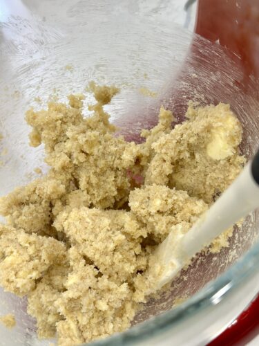 Close-up of a bowl containing a thick, crumbly mixture of dough, possibly cookie dough, with a spatula resting inside.
