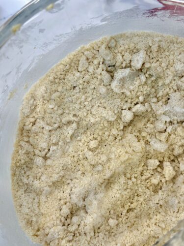 Close-up of a bowl filled with fine, light brown flour or powdered ingredient, showing a sandy texture.
