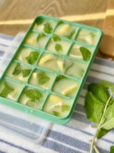 A green silicone ice cube tray filled with lemon slices and mint leaves, placed on a striped cloth napkin.
