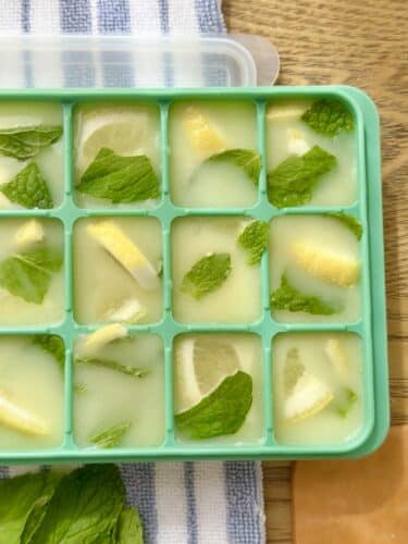 Ice cube tray filled with lemon slices and mint leaves in water, resting on a wooden surface with a striped towel.