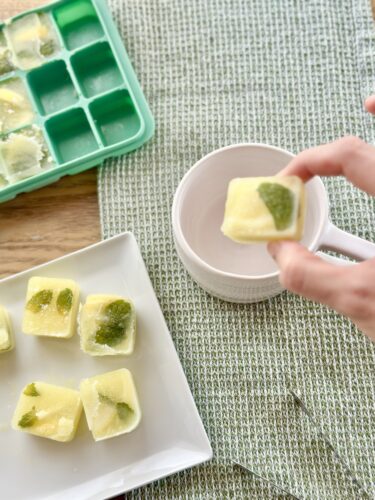 A hand holding a frozen cube with mint leaves above a white mug, with additional ice cubes visible on a plate and an ice tray in the background.