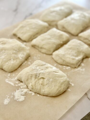 Several pieces of uncooked dough arranged on parchment paper, dusted with flour.