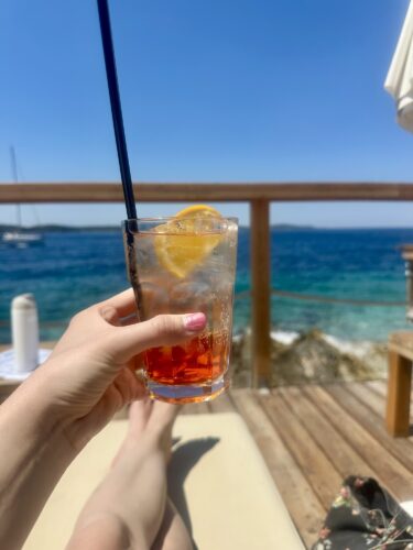 A hand holding a glass of cocktail with ice and a slice of orange, with a scenic ocean view in the background.