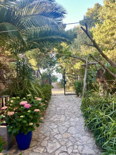 A scenic pathway lined with lush greenery and colorful flowers, leading to an ornate gate surrounded by trees.