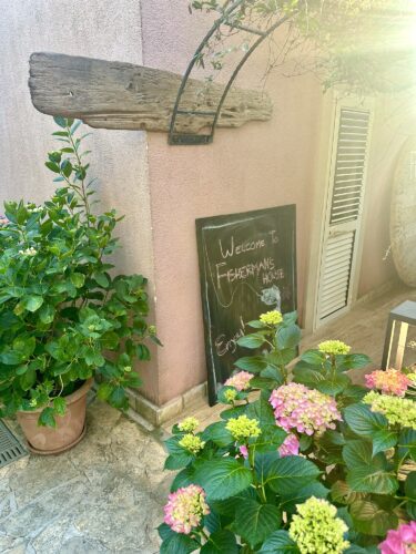 A welcoming sign on a chalkboard near a flowering plant, with greenery and a rustic wooden beam in the background.