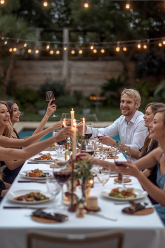 A festive outdoor dinner party set up with a long table, elegantly arranged with food, wine glasses, and candles. Guests are raising their glasses in a toast, smiling and enjoying the lively atmosphere, surrounded by string lights and greenery.