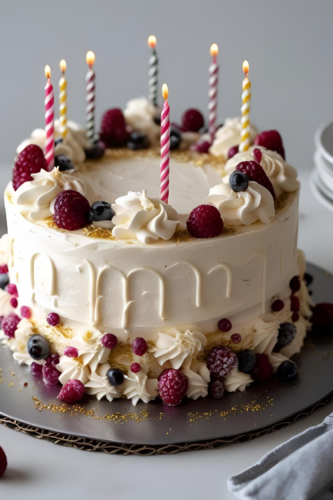 A decorated birthday cake with white frosting, topped with raspberries, blueberries, and colorful candles.