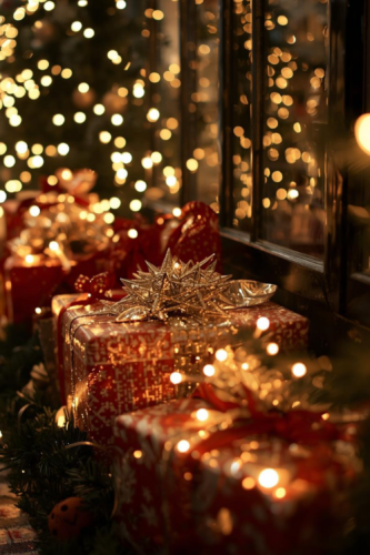 A warm and festive scene featuring beautifully wrapped Christmas presents with gold and red decorations, surrounded by soft, glowing lights and a cozy atmosphere.