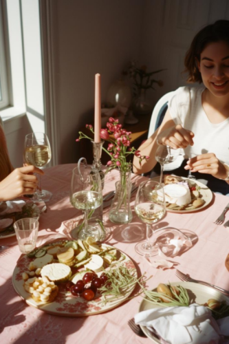 Two women enjoying a meal at a table set with a pink tablecloth, featuring plates of cheese, grapes, and crackers, surrounded by glasses of white wine and decorative flowers.