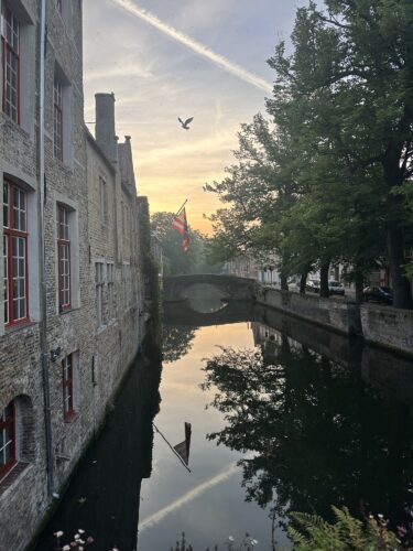 Scenic view of a canal in a historic city during sunset, featuring red-bricked buildings, a stone bridge, and a flag reflecting in the water, with a bird flying overhead.