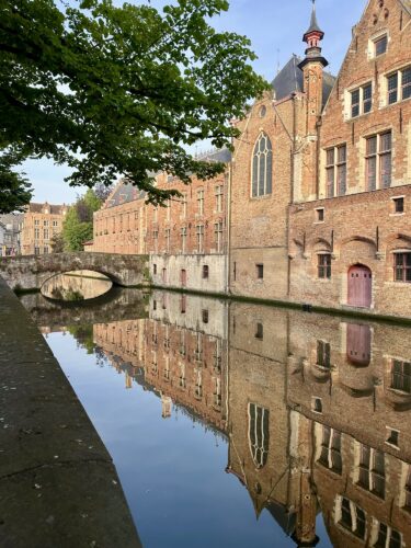 Picture of historic brick buildings with reflective surfaces, alongside a canal with a small arched bridge and greenery overhead.
