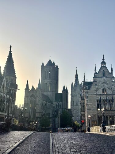 A cobblestone street leading towards historic buildings with Gothic architecture, including a tall church tower, under a clear blue sky.
