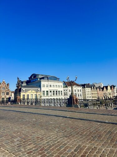A view of historic buildings along a cobblestone street under a clear blue sky.
