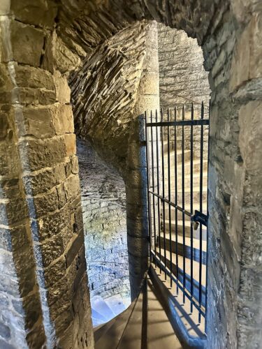 A view through a stone archway leading to a spiral staircase, with a black metal gate partially opened.