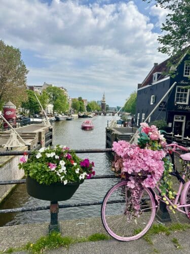 A picturesque canal in Amsterdam with a pink bicycle adorned with flowers in the foreground. A boat is floating on the water, and charming buildings and trees line the canal.