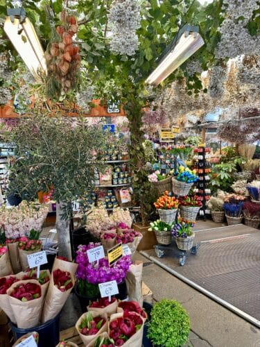 A vibrant flower market filled with various types of flowers and plants. The scene features colorful bouquets in baskets, hanging plants, and neatly arranged floral displays under bright overhead lights.