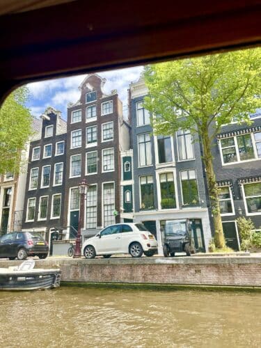 View of canal-side buildings in Amsterdam with greenery and parked cars.