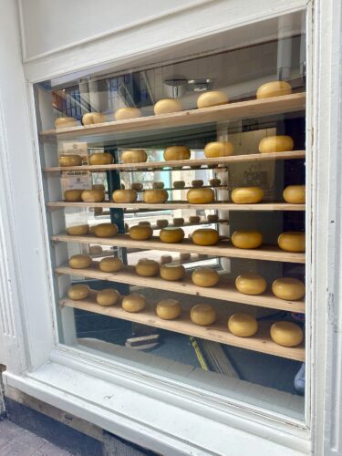 A display window showcasing several rows of round, yellow cheeses arranged neatly on wooden shelves.