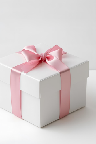 A beautifully wrapped white gift box adorned with a pink ribbon and bow.