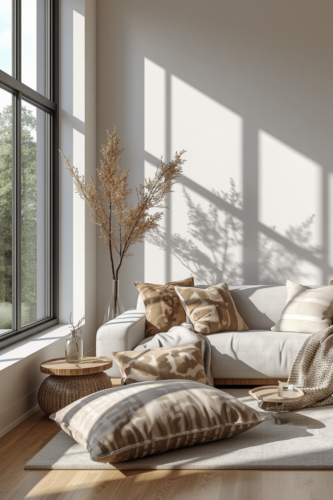 Cozy living room with a light gray sofa adorned with patterned pillows, a large floor pillow, a wicker coffee table, and decorative branches in a vase, illuminated by sunlight casting shadows from large windows.