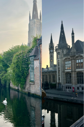 A picturesque view of a canal in Bruges, Belgium, featuring a white swan swimming by lush greenery and historic buildings with spires, alongside another angle showcasing a different architectural style.