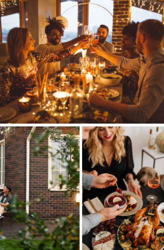 A festive gathering around a beautifully set dining table with candles and food, showcasing a variety of dishes.